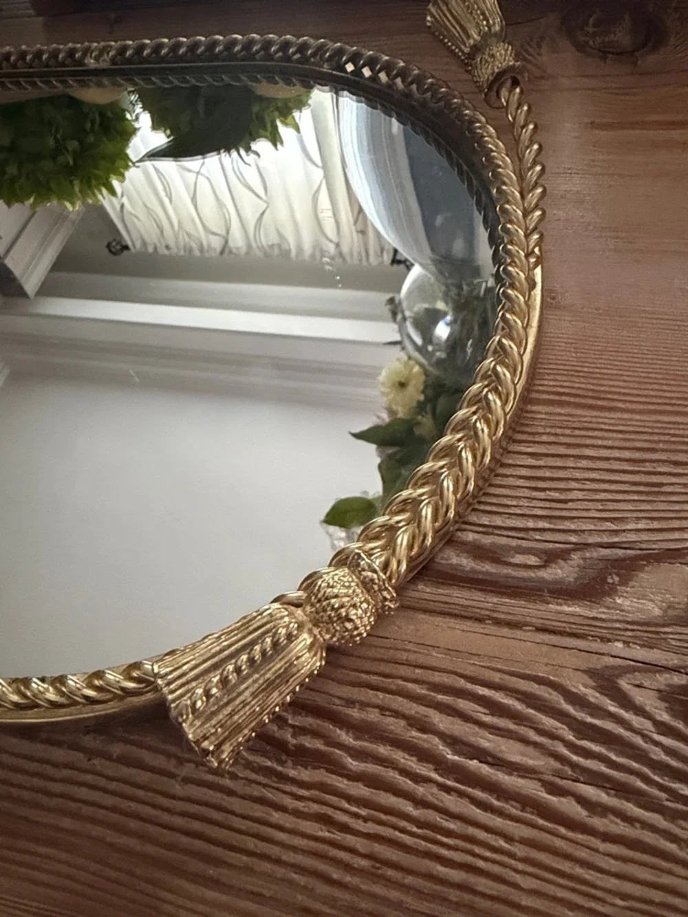 Vintage Large Oval Mirror Vanity Tray Gold Tone Metal Rope Tassels Velvet Bottom